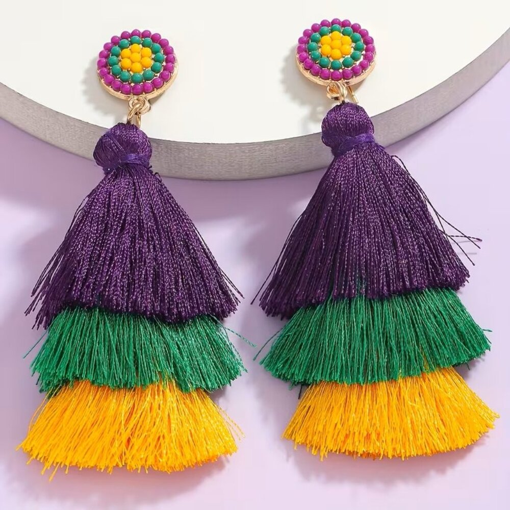 Mardi Gras Color Tassel Beaded Earrings Z248